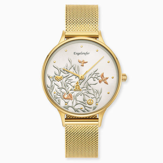 Uhr Edelstahl Lebensbaum mit Mesh-Band Gold