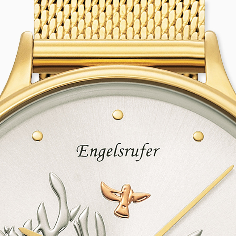 Uhr Edelstahl Lebensbaum mit Mesh-Band Gold