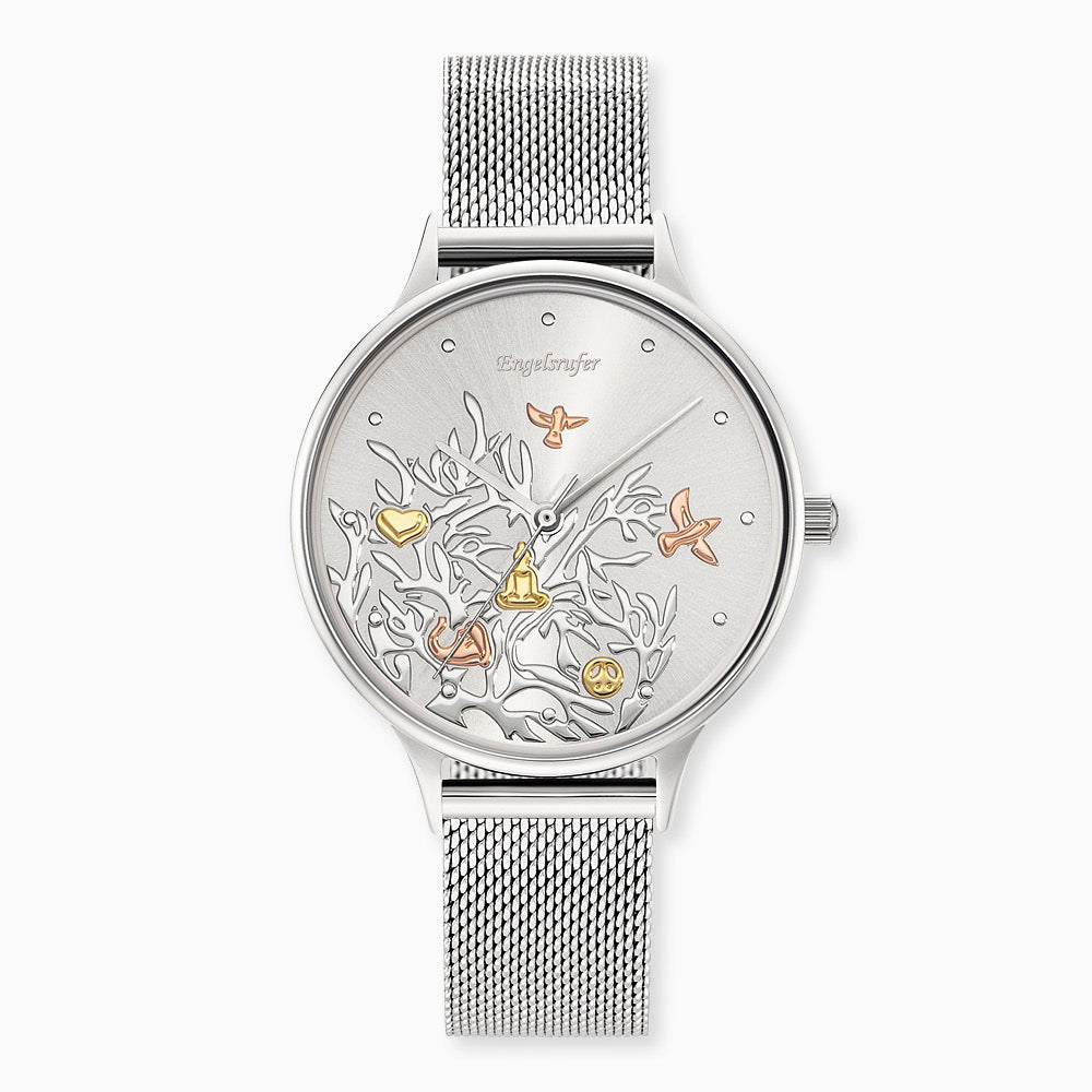 Uhr Edelstahl Lebensbaum Tricolor mit Edelstahl Mesh-Band