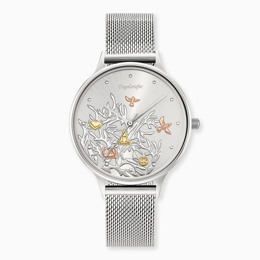 Uhr Edelstahl Lebensbaum Tricolor mit Edelstahl Mesh-Band