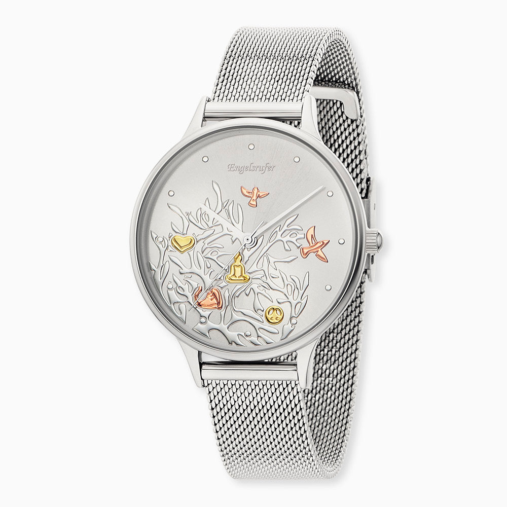 Uhr Edelstahl Lebensbaum Tricolor mit Edelstahl Mesh-Band