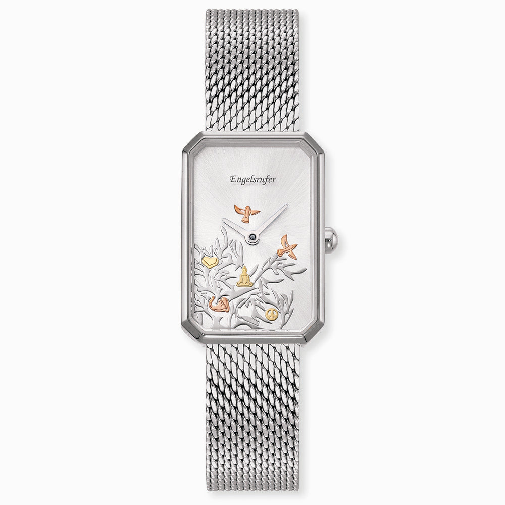 Uhr Edelstahl Lebensbaum mit Mesh-Band Silber