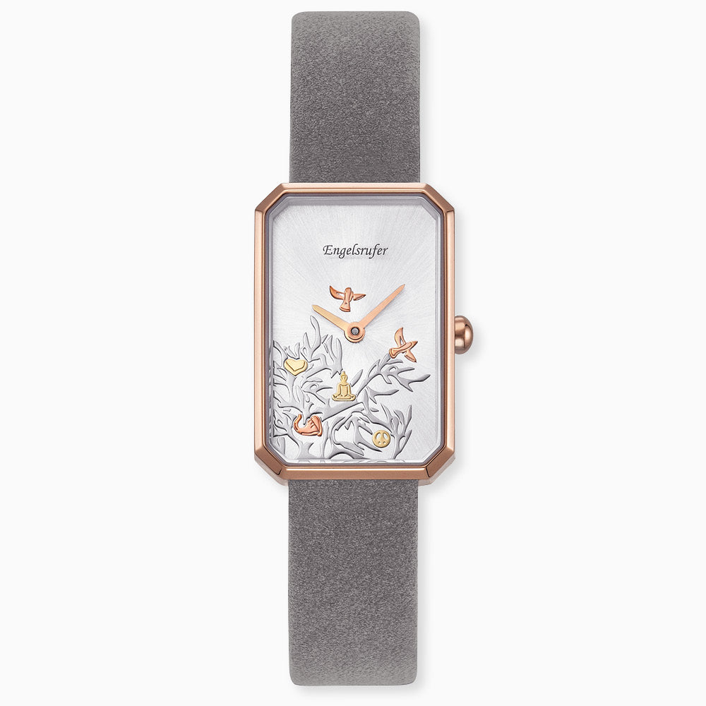 Uhr Edelstahl Lebensbaum Rosé mit Nubuk Lederband Grau
