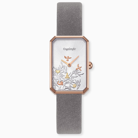 Uhr Edelstahl Lebensbaum Rosé mit Nubuk Lederband Grau
