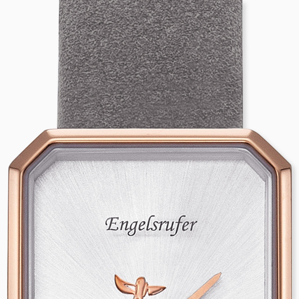 Uhr Edelstahl Lebensbaum Rosé mit Nubuk Lederband Grau