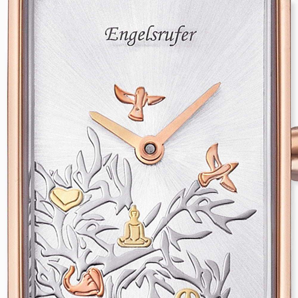 Uhr Edelstahl Lebensbaum Rosé mit Nubuk Lederband Grau
