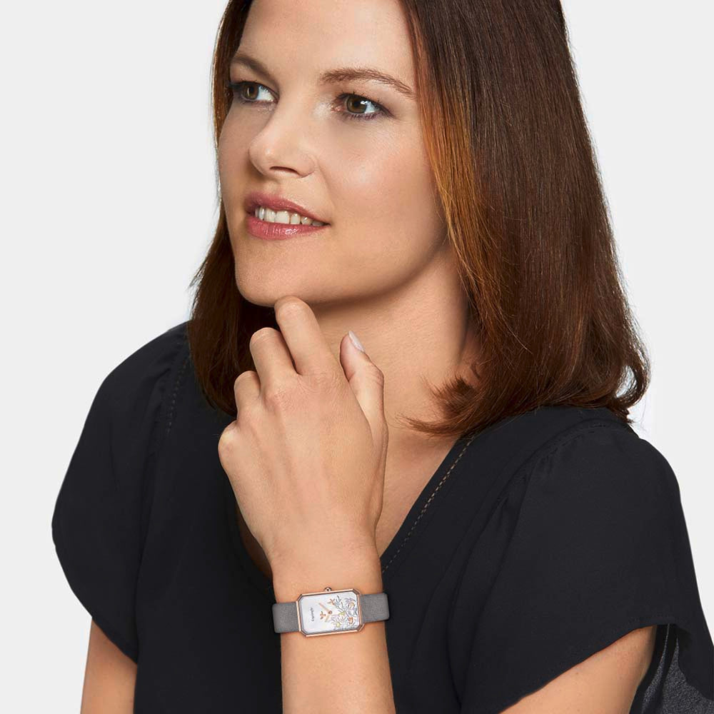 Uhr Edelstahl Lebensbaum Rosé mit Nubuk Lederband Grau