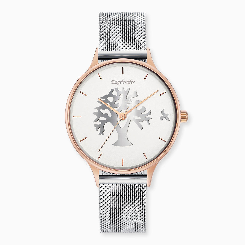 Uhr Edelstahl Lebensbaum Bicolor mit Edelstahl Mesh-Band