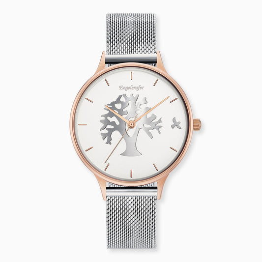 Uhr Edelstahl Lebensbaum Bicolor mit Edelstahl Mesh-Band
