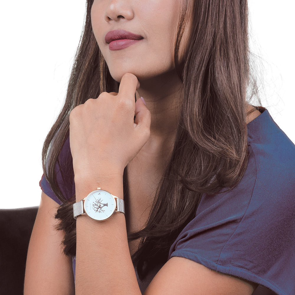Uhr Edelstahl Lebensbaum Bicolor mit Edelstahl Mesh-Band