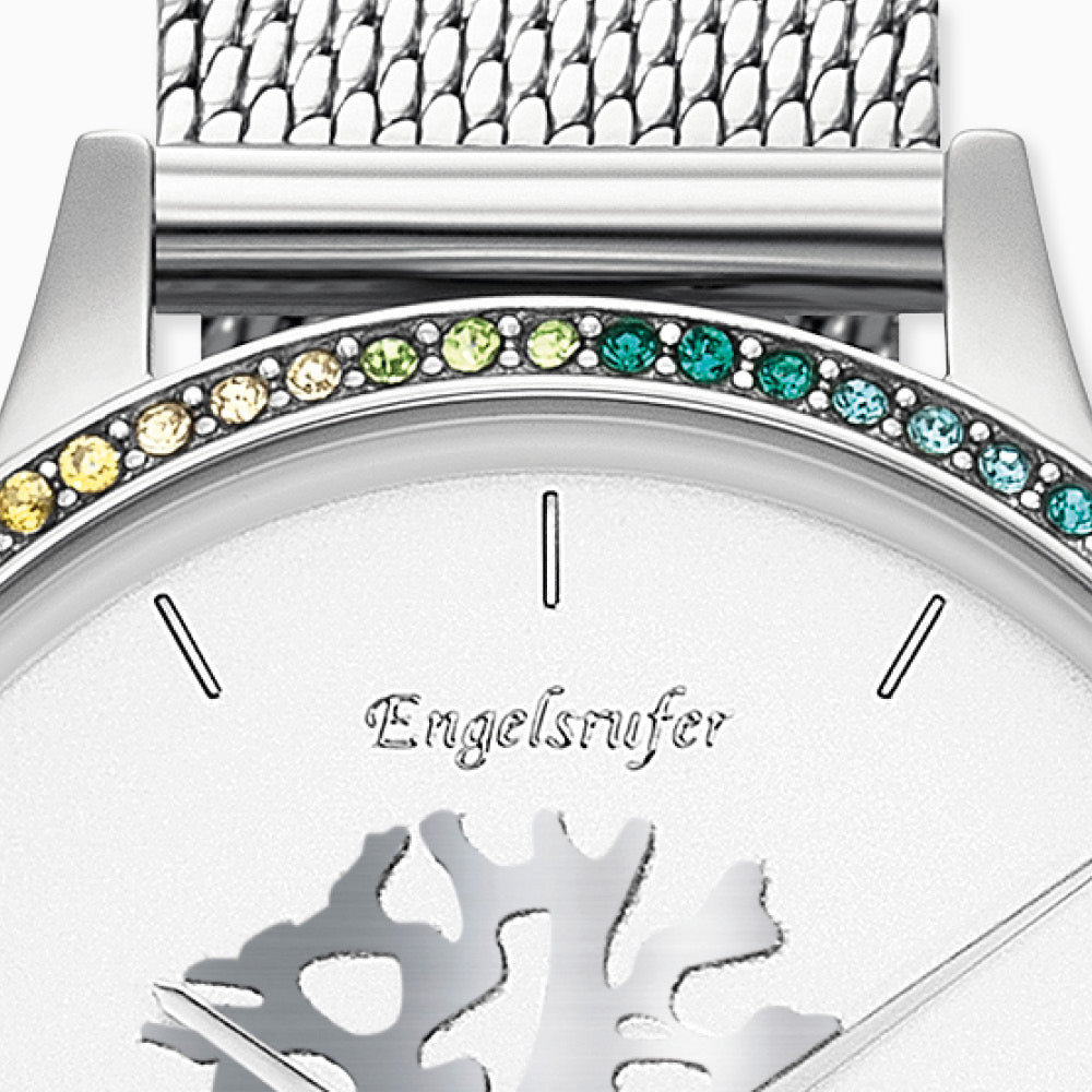 Uhr Edelstahl Lebensbaum mit Zirkonia Multicolor und Edelstahl Mesh-Band