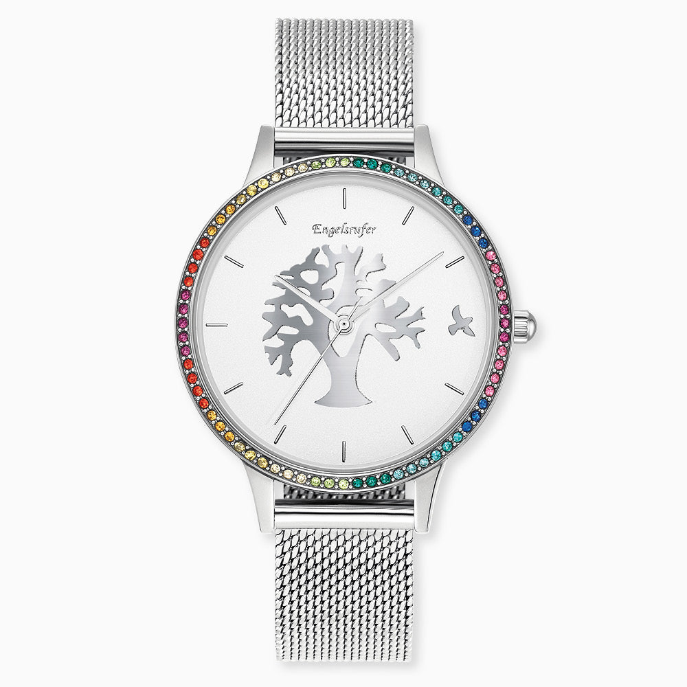 Uhr Edelstahl Lebensbaum mit Zirkonia Multicolor und Edelstahl Mesh-Band