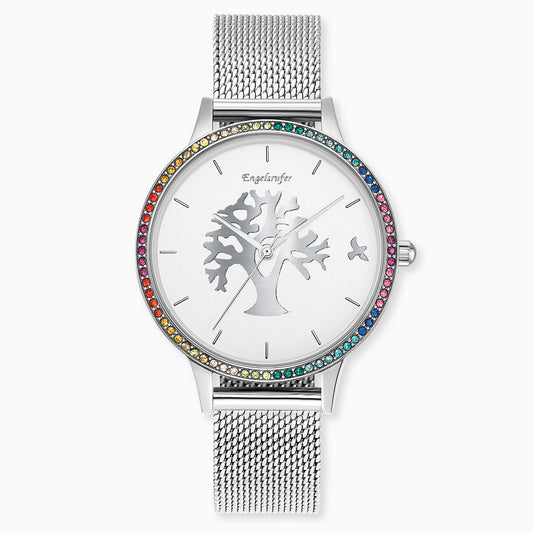 Engelsrufer Uhr Lebensbaum silber mit Zirkoniasteinen multicolor und Meshband silber