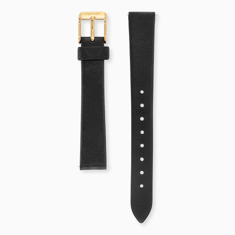 Lederarmband Schwarz für Uhren mit Edelstahl Verschluss Gold 14 mm
