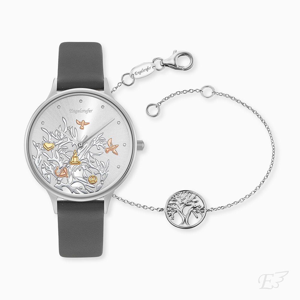 Set Uhr Edelstahl Lebensbaum Tricolor & Armband 925er Silber