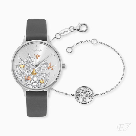 Set Uhr Edelstahl Lebensbaum Tricolor & Armband 925er Silber