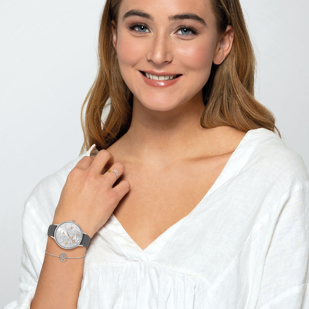Set Uhr Edelstahl Lebensbaum Tricolor & Armband 925er Silber