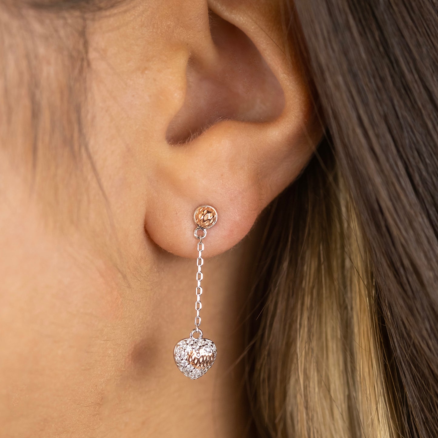 Engelsrufer earrings with plug heart pendant bicolor silver, rose gold and zirconia