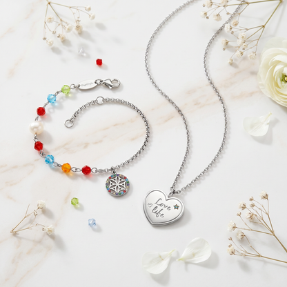 2er Duo Set Armband Edelstahl BOHO Lebensblume Zirkonia Multicolor & Halskette Edelstahl Silber Love Grußkarte