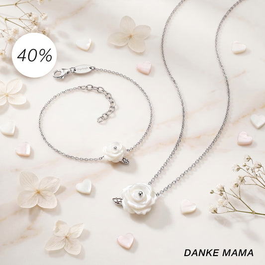 DANKE MAMA - 2er Schmuckset 925er Silber – Halskette & Armband Rose Perlmutt Weiß