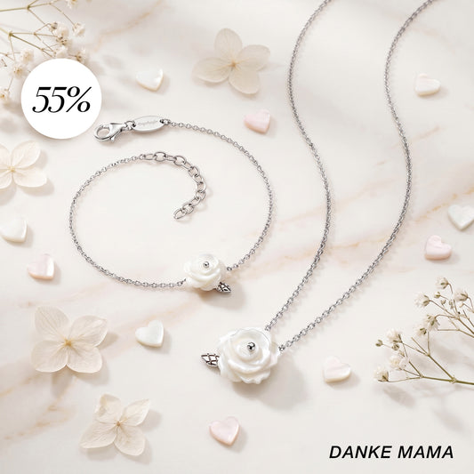 Danke Mama - 2er Schmuckset 925er Silber – Halskette & Armband Rose Perlmutt Weiß