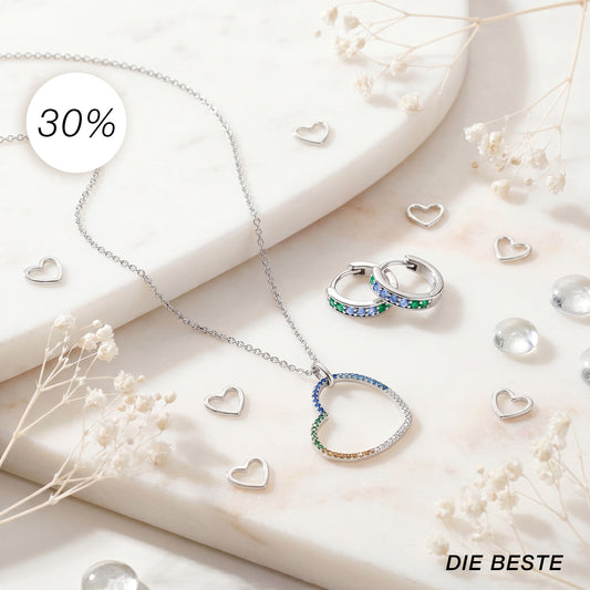 DIE BESTE - 2er Schmuckset 925er Silber Herzkette Multicolor & Creolen Regenbogen