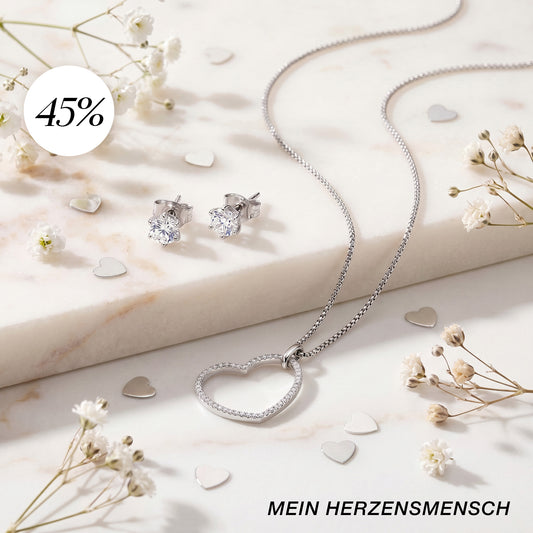 Mein Herzensmensch - 2er Schmuckset 925er Silber Halskette Herz & Ohrstecker Shiny