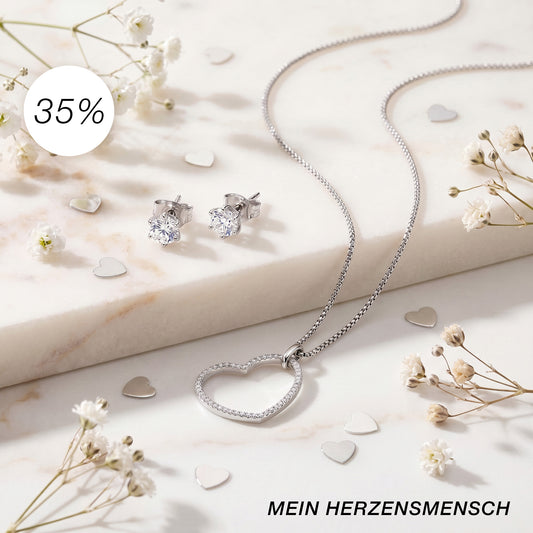MEIN HERZENSMENSCH - 2er Schmuckset 925er Silber Halskette Herz & Ohrstecker Shiny