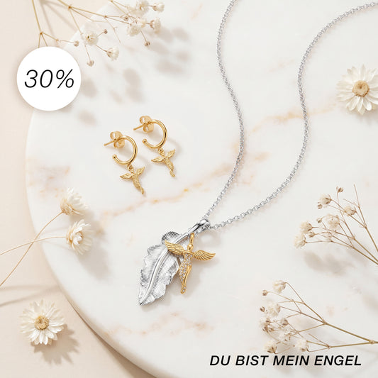 DU BIST MEIN ENGEL - 2er Schmuckset 925er Silber – Halskette Schutzengel Feder & Creolen Schutzengel Gold