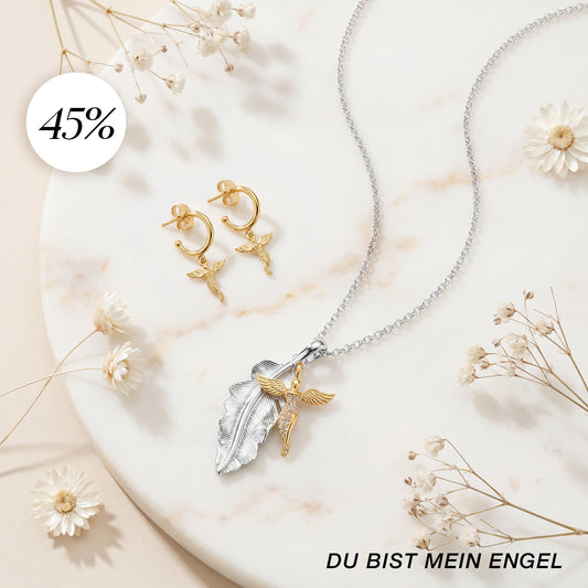 Du bist mein Engel - 2er Schmuckset 925er Silber – Halskette Schutzengel Feder & Creolen Schutzengel Gold
