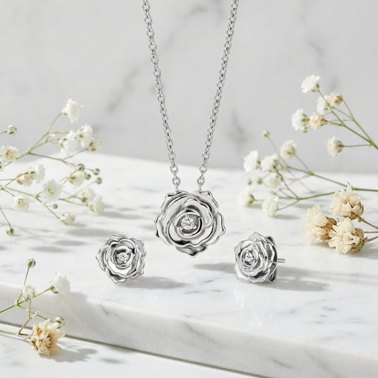 2er Schmuckset 925er Silber Halskette Ohrstecker Rose