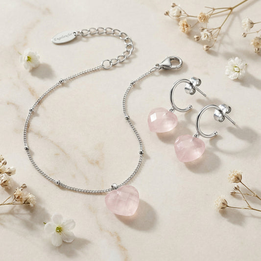 2er Schmuckset 925er Silber Armband Creolen Rosenquarz Herz