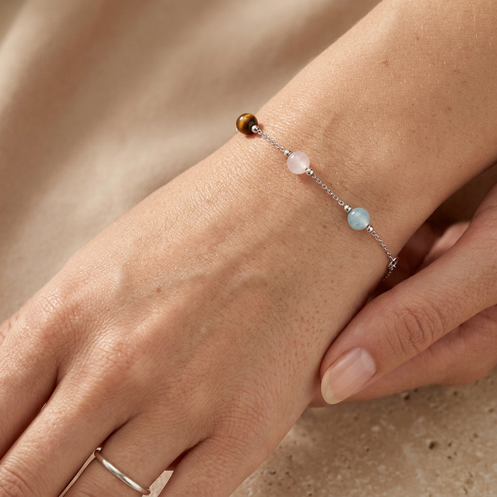 Engelsrufer women's bracelet silver with stones tiger eye, rose quartz, blue agate powerful stone