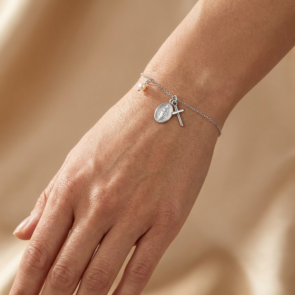 Armband 925er Silber Kreuz Maria mit Perle