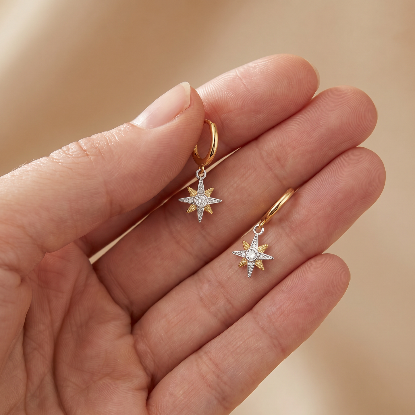Hoop earrings 925 silver star bicolor with zirconia