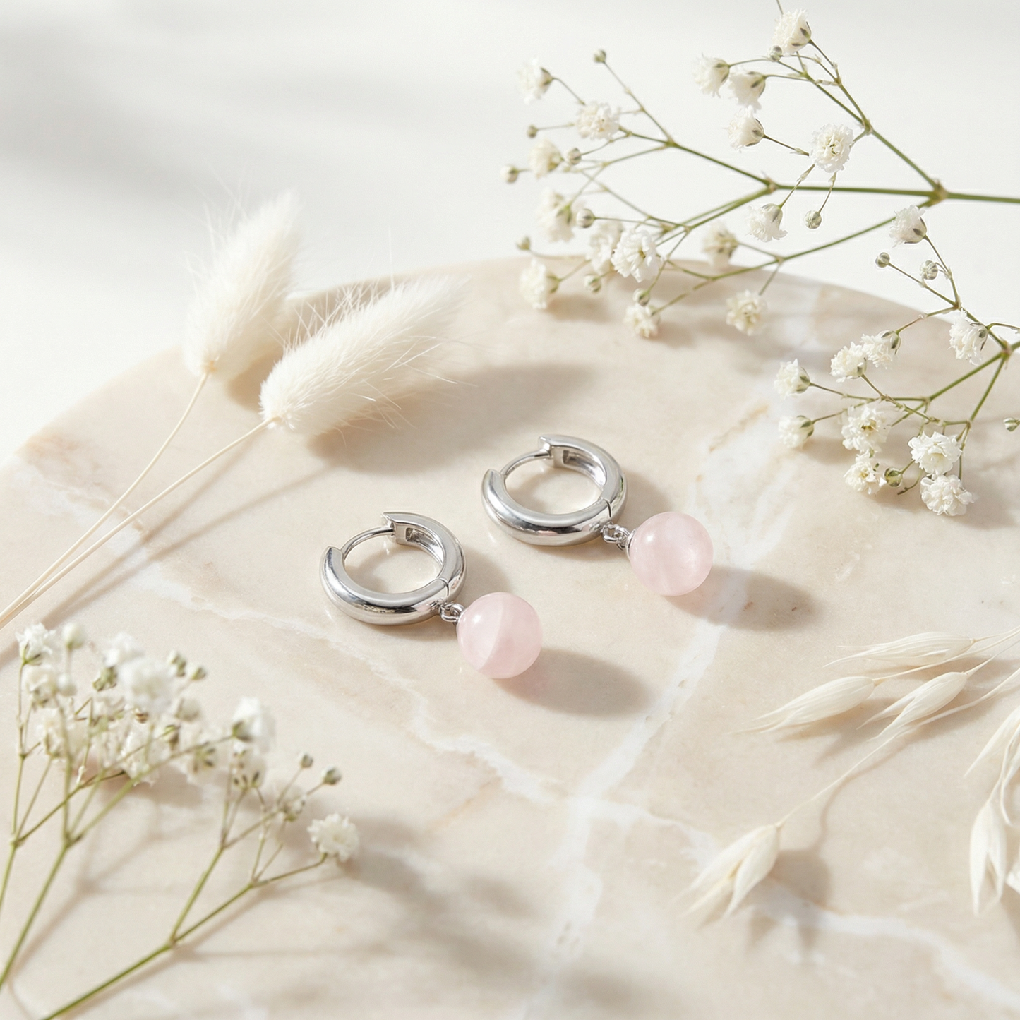 Engelsrufer women's silver hoop earrings with rose quartz pearls