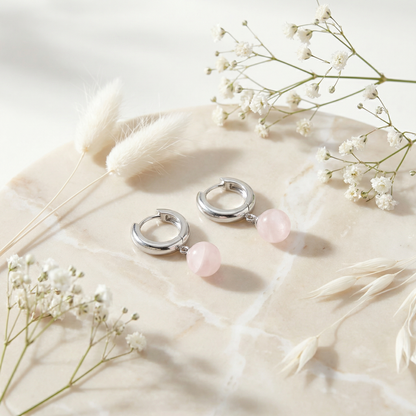 Engelsrufer women's silver hoop earrings with rose quartz pearls