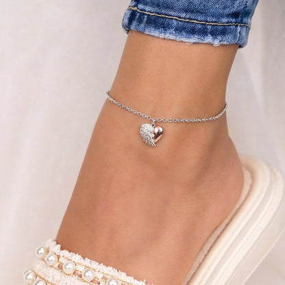 Fußkette Edelstahl Herzflügel Bicolor