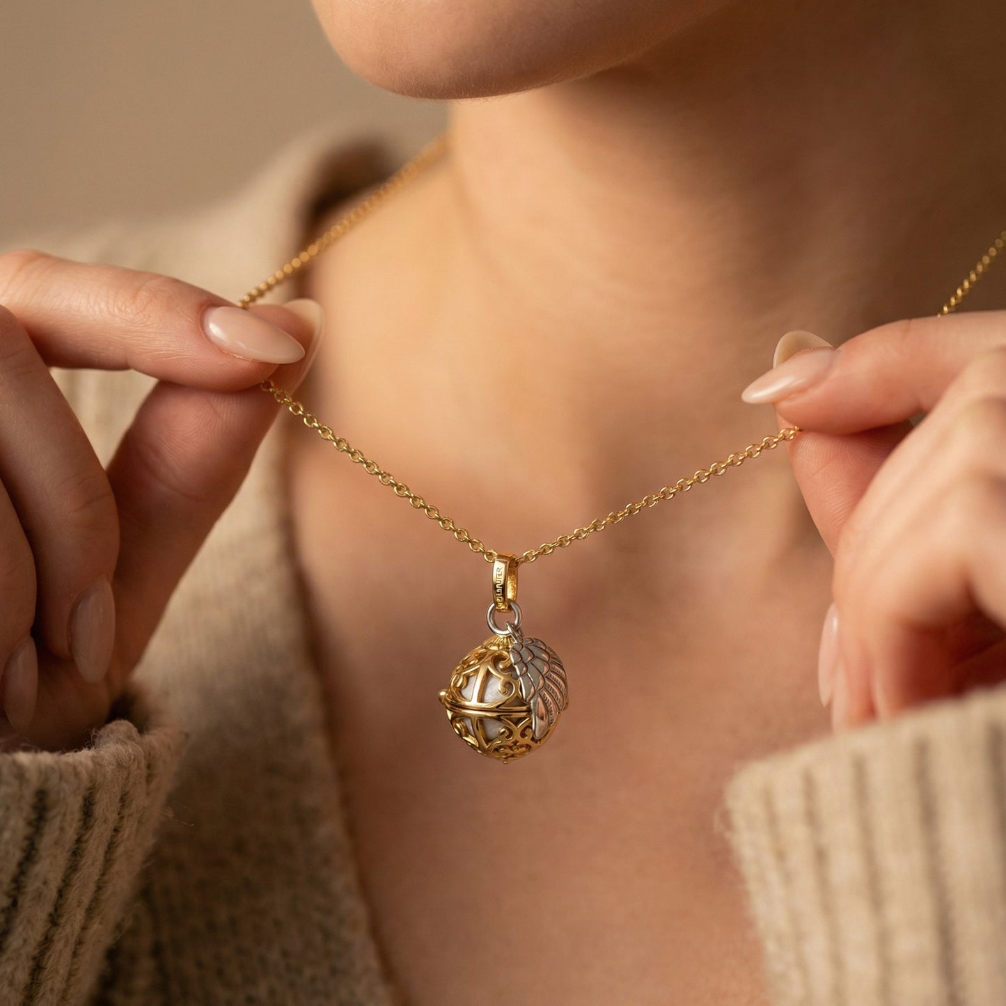 Halskette 925er Silber Engelsrufer Gold mit Klangkugel Weiß Größe XS