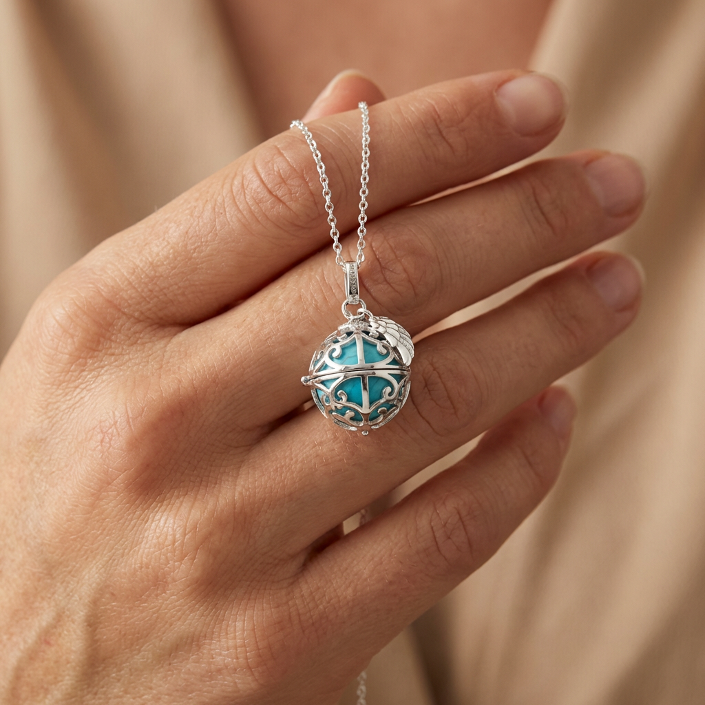 Engelsrufer ladies' necklace, silver, with wing pendant and sound ball in mother-of-pearl turquoise, 45+5 cm