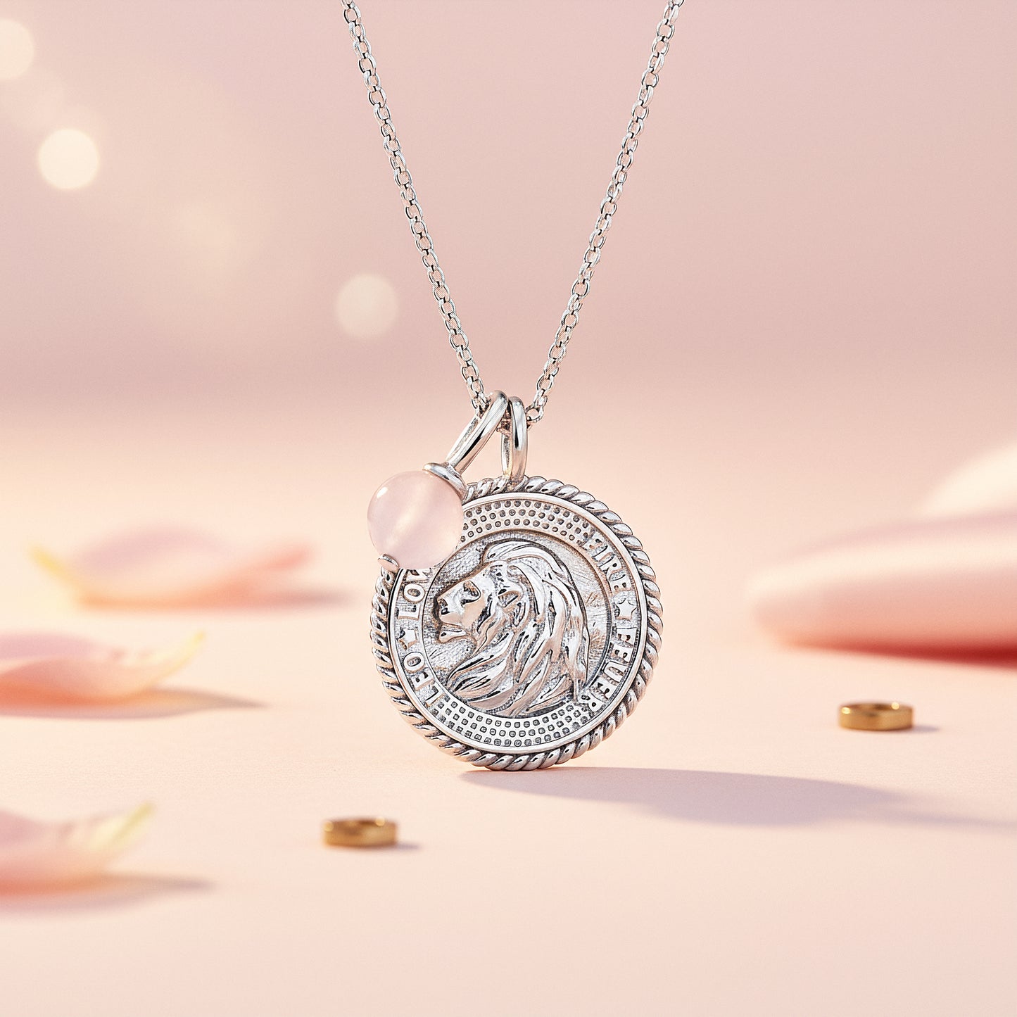Engelsrufer women's necklace silver with zirconia, rose quartz stone and zodiac sign Leo