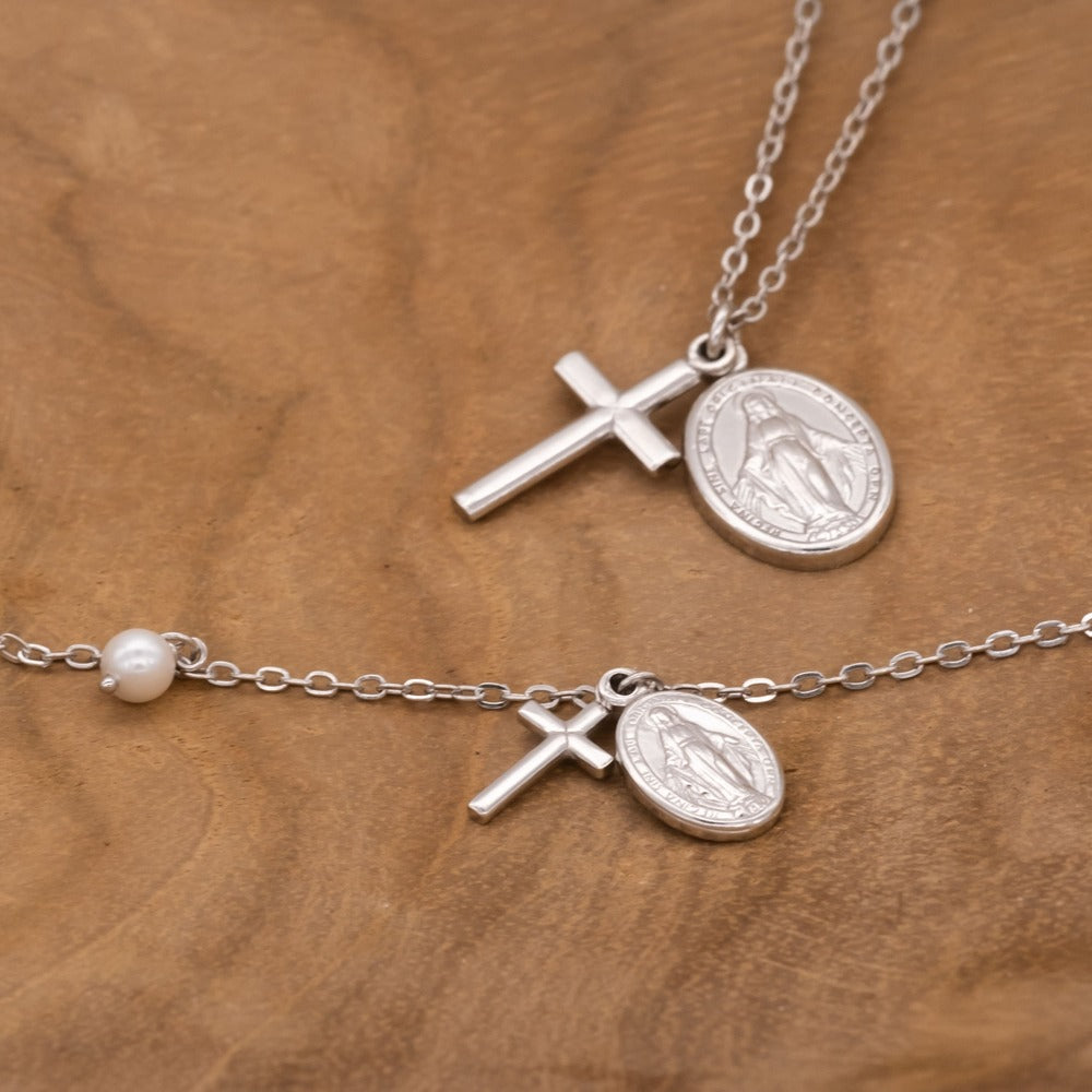 Engelsrufer silver necklace for women with cross, Mary and pearl pendant