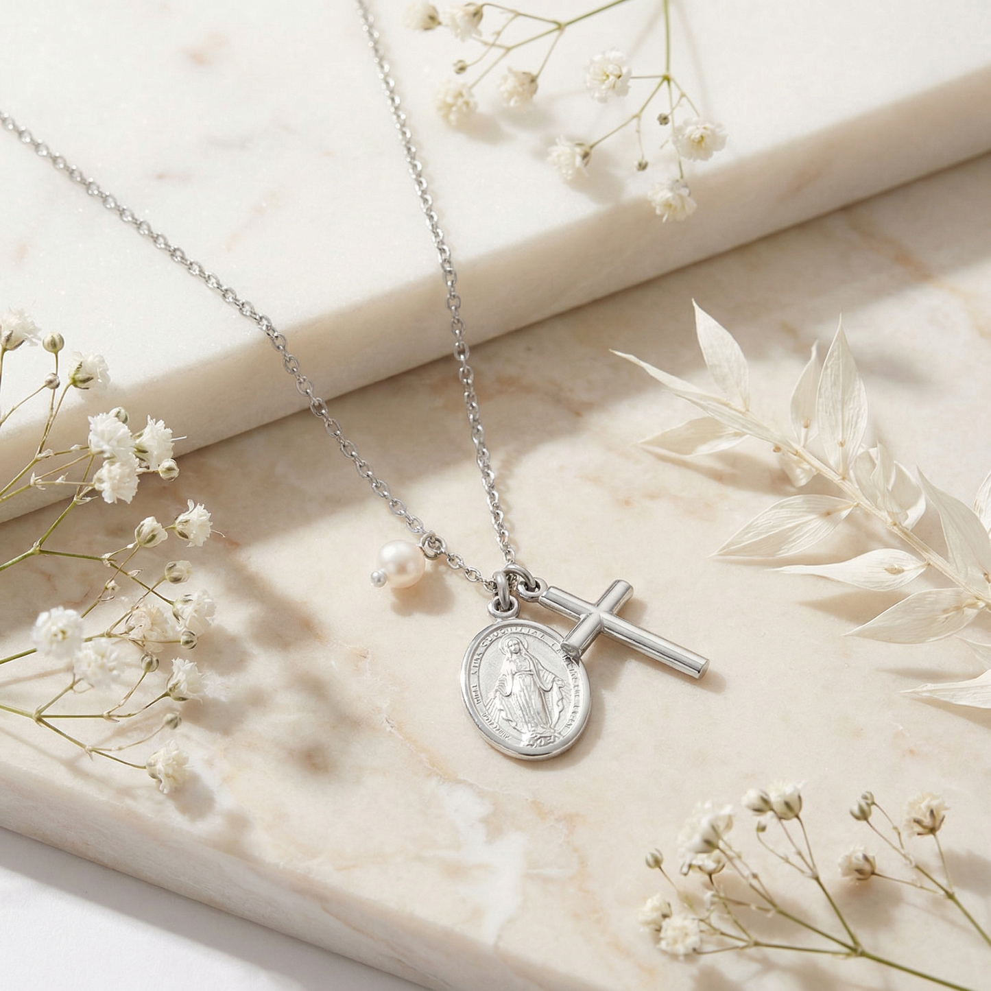 Halskette 925er Silber Kreuz Maria mit Perle