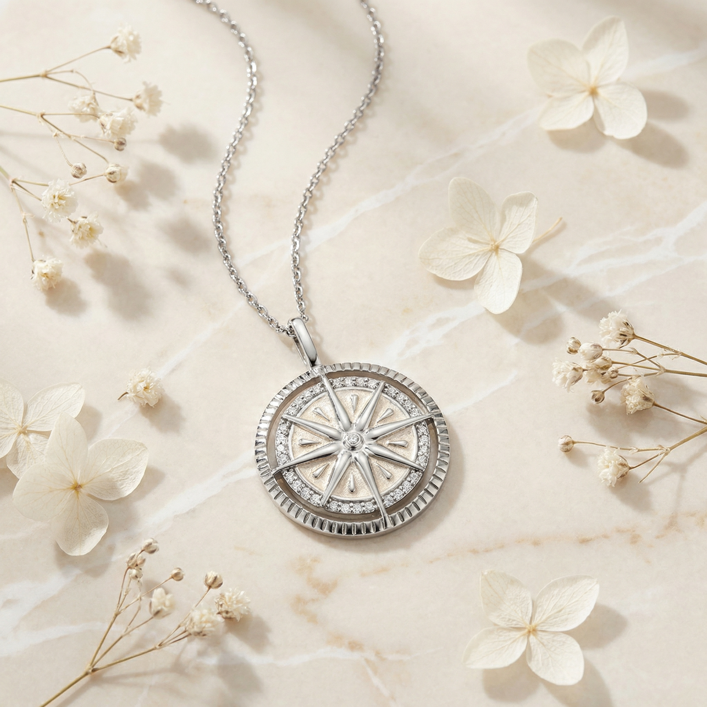 Halskette 925er Silber Windrose mit Zirkonia