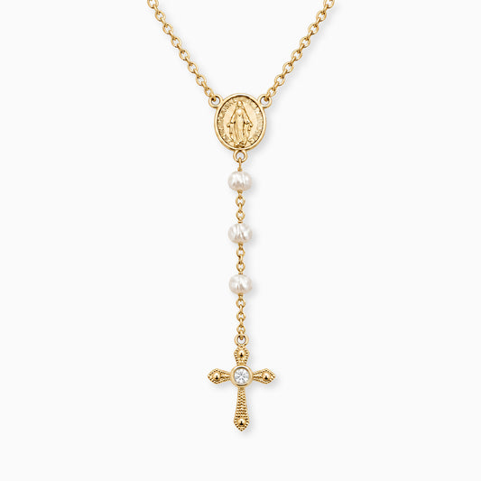 Rosary necklace with freshwater pearls – 18K gold finish 42 + 4 + 4 cm