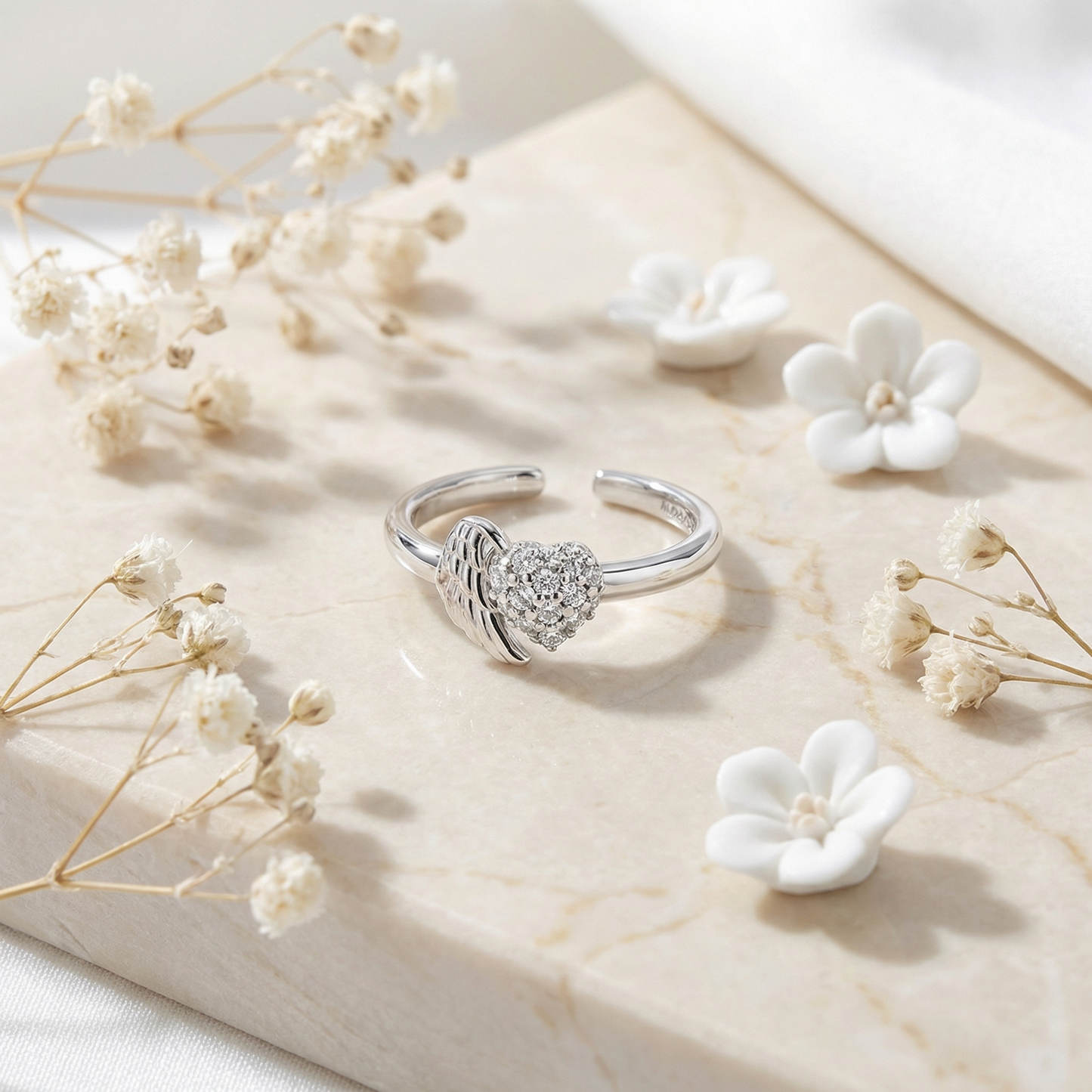 Engelsrufer women's ring silver open with wings and heart made of zirconia stones