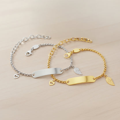 Kinder Armband Edelstahl ID Flügel in gold