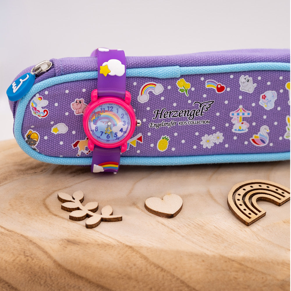 Engelsrufer watch girls analog rainbow, clouds, stars including pencil case