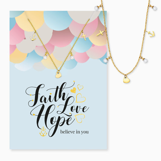 Greeting card Faith Love Hope with necklace stainless steel gold