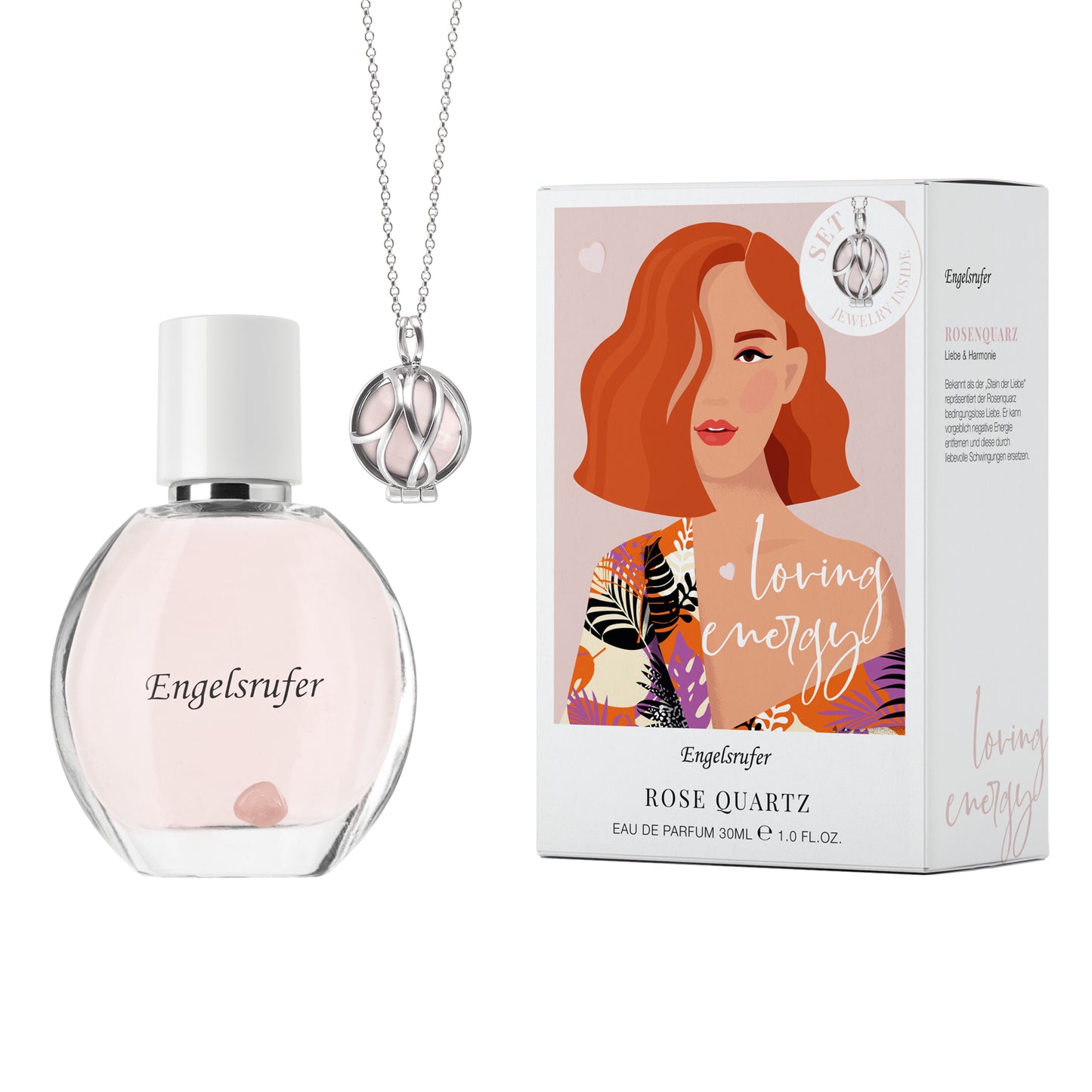 Duftset Powerful Stone – Eau de Parfum 30ml Loving Energy & Paradise Halskette mit Rosenquarz